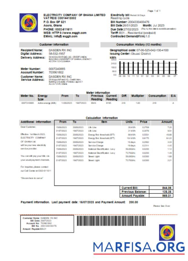 Printable Electricity Company of Ghana Ltd utility business bill,SCR example